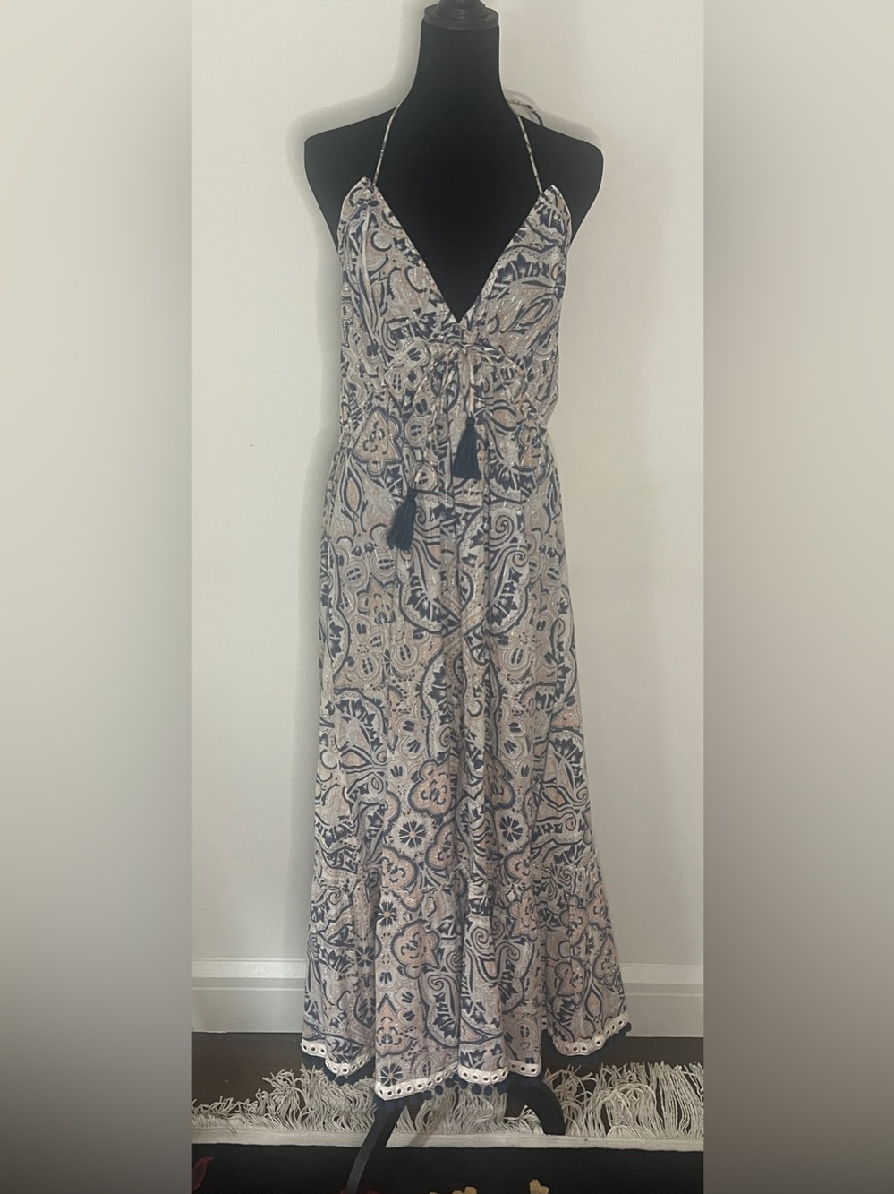 Tularosa Paisley Maxi Dress with Tassel Ties and Pom Pom Mirror Hem Sz M